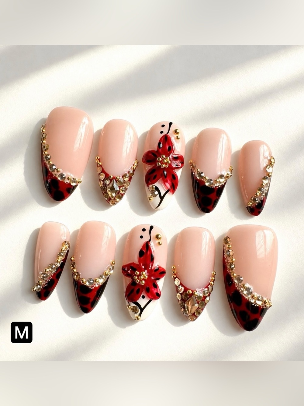 Luxury Red 3D Floral and Gold Rhinestone Press-On Nails